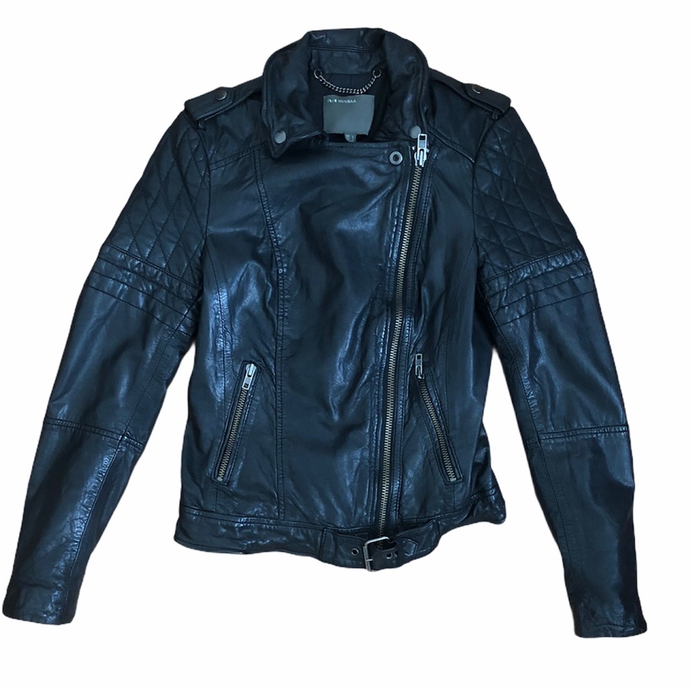 MUUBAA Quilted Leather Biker Jacket - Black Noir